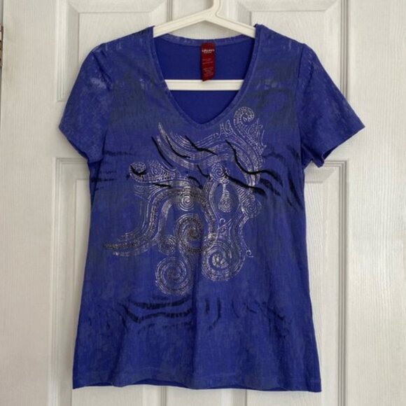 Olsen Royal Blue V-Neck Embellished Graphic Tee 8 - Picture 1 of 4